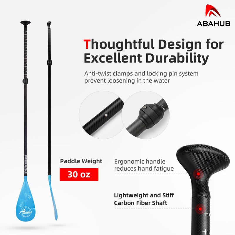 Abahub مجاذيف أباهوب كربون SUP، 1 × 3 أقسام قابلة للتعديل 67" - 86" عمود من ألياف الكربون، مجاذيف خفيفة الوزن للوقوف على اللوح، شفرة بلاستيكية بتصميم أزرق + حقيبة مجذاف - Image 3